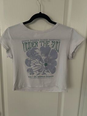 Hollister 'Under The Sun' Graphic Crop Tee with Green & Lavender Print Small